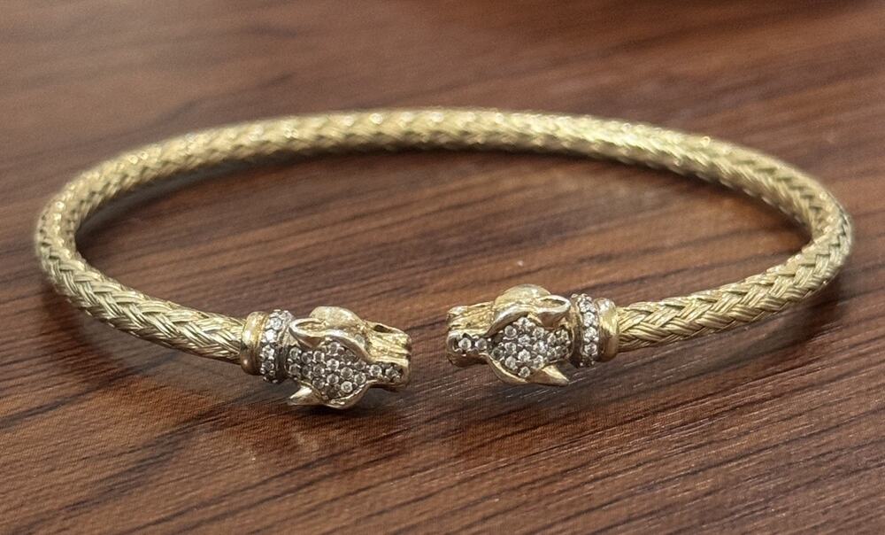 Vintage Milor Italy 925 Gold Vermeil Double Panther Head Braided Cuff Bracelet